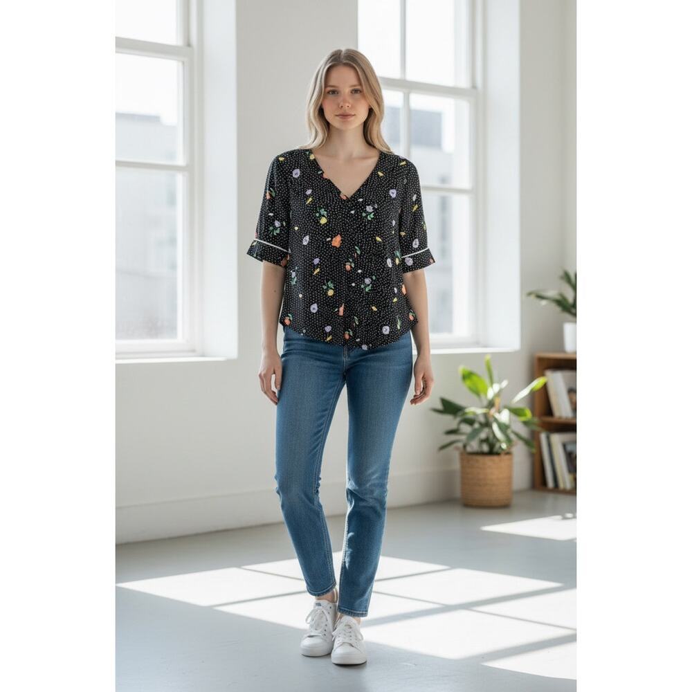 Abercrombie & Fitch Black Polka Dot Floral Button Front Blouse Top Women Size XS
